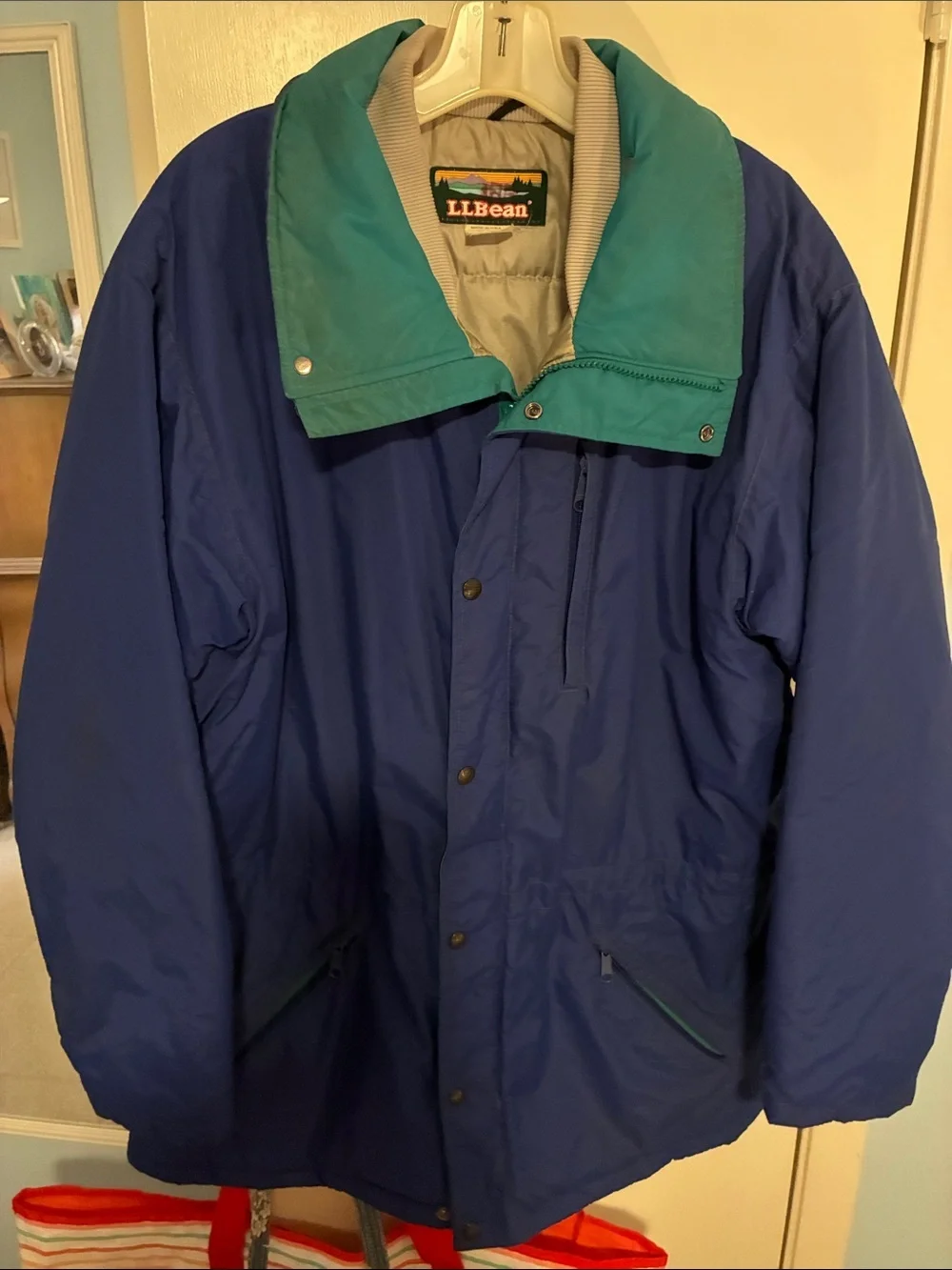 L.L. Bean Men's Navy Puffer Jacket with Teal Collar